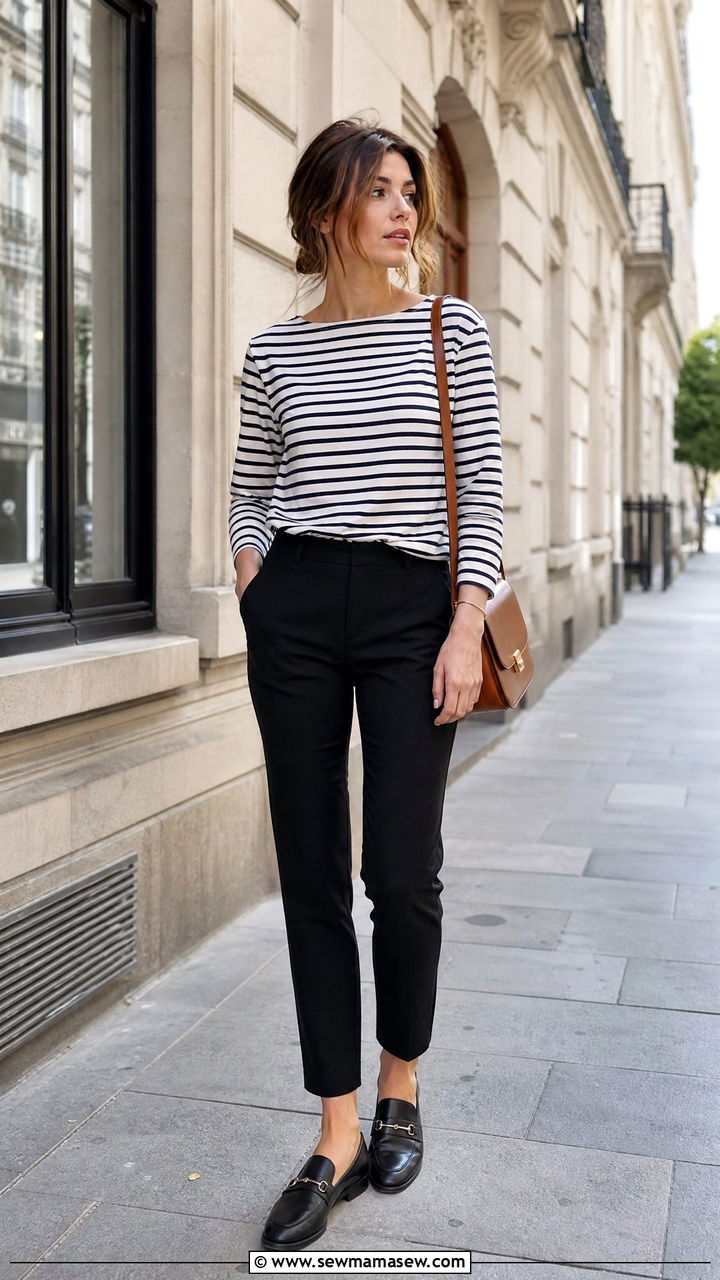Breton Stripe Top With Black Ankle Pants - 30 French girl outfit ideas for work