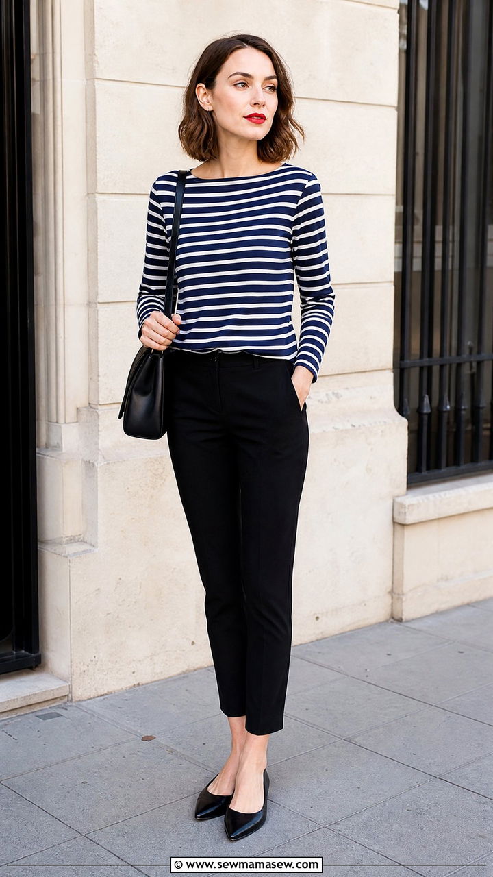 Breton Stripe Top With Black Tailored Pants and Red Lip - 40 French girl outfits ideas