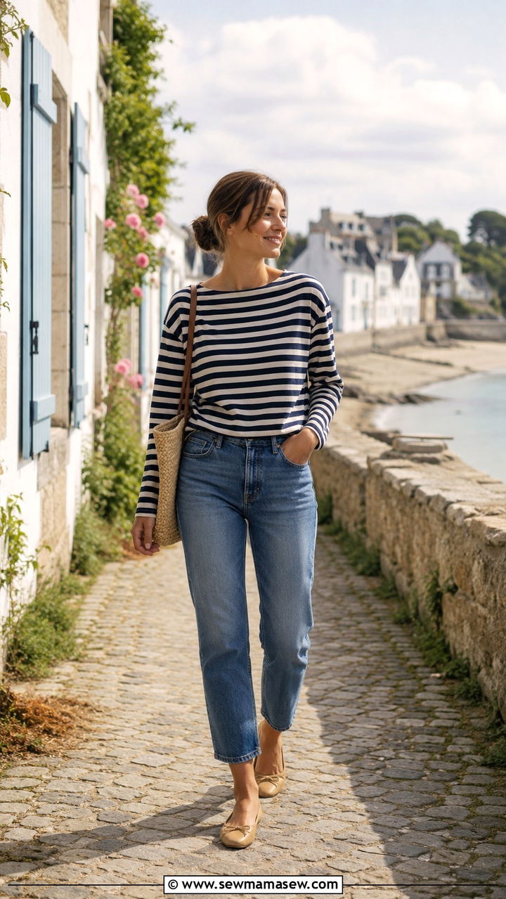 Breton Stripe Top With Cropped Jeans Outfit - 30 Minimalist spring capsule wardrobe