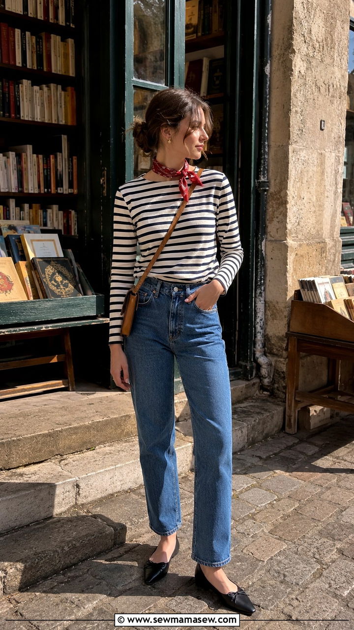 Breton Stripe Top With High Waisted Jeans And Flats - 30 Paris outfits to copy
