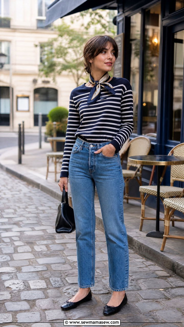 Breton Stripe Top With Straight Leg Jeans and Ballet Flats - 30 French girl loungewear outfit ideas