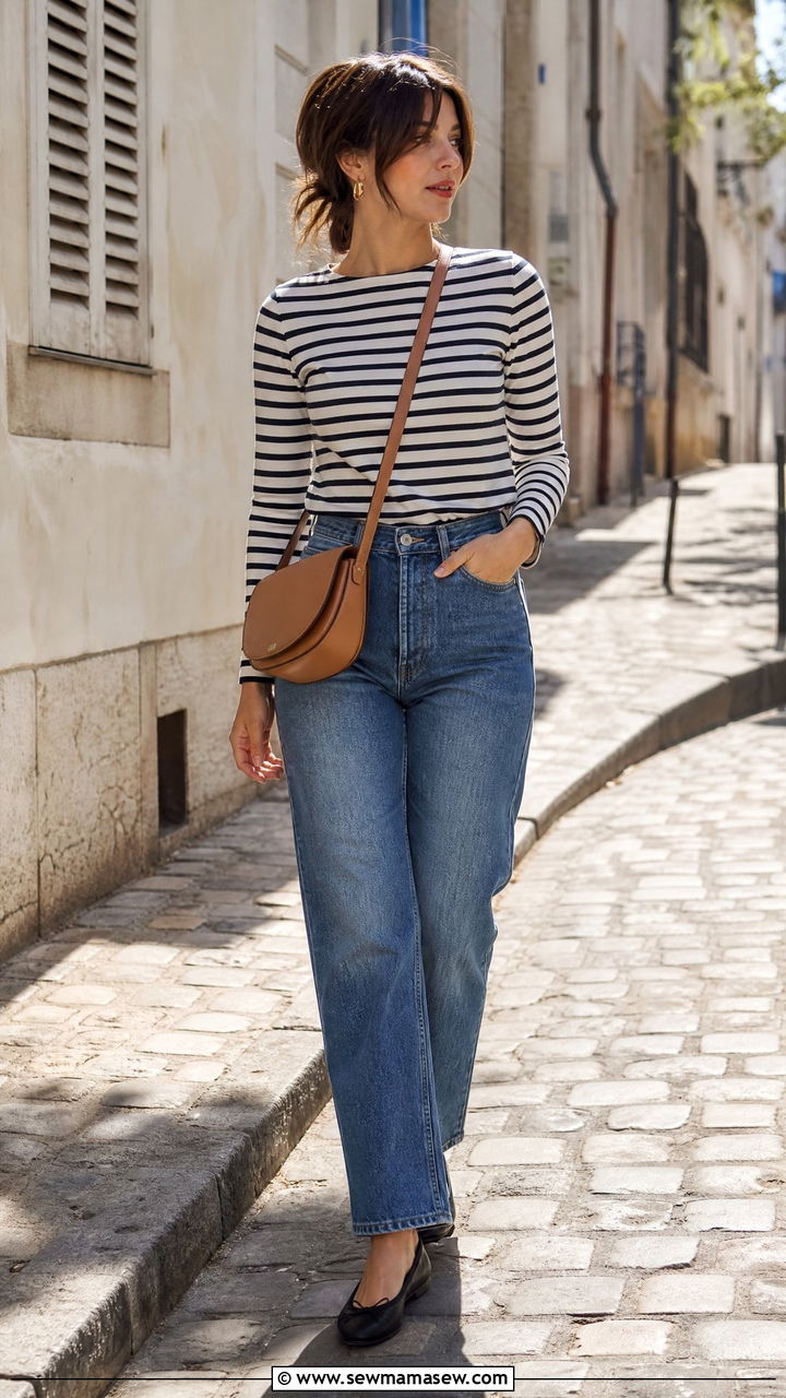 Breton Stripe Top With Straight Leg Jeans - 25 French girl outfit ideas casual
