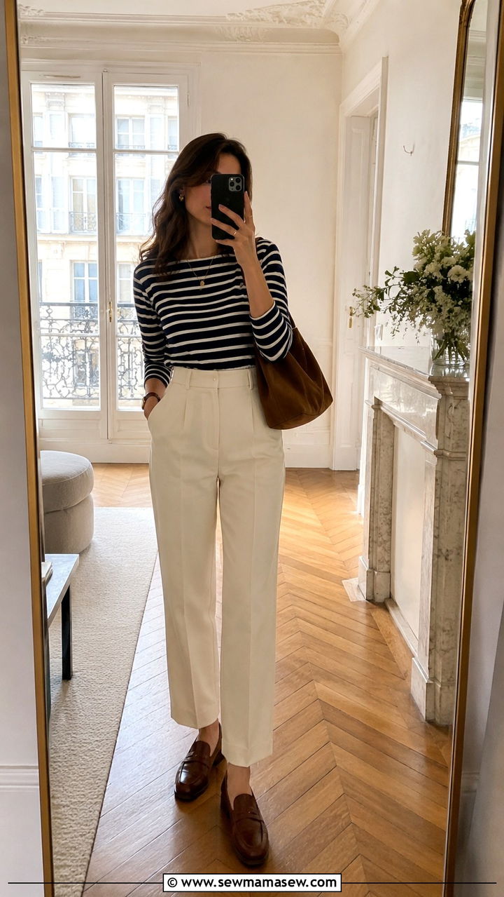 Breton Stripe Top With Tailored Trousers And Loafers - 30 Paris outfits inspo
