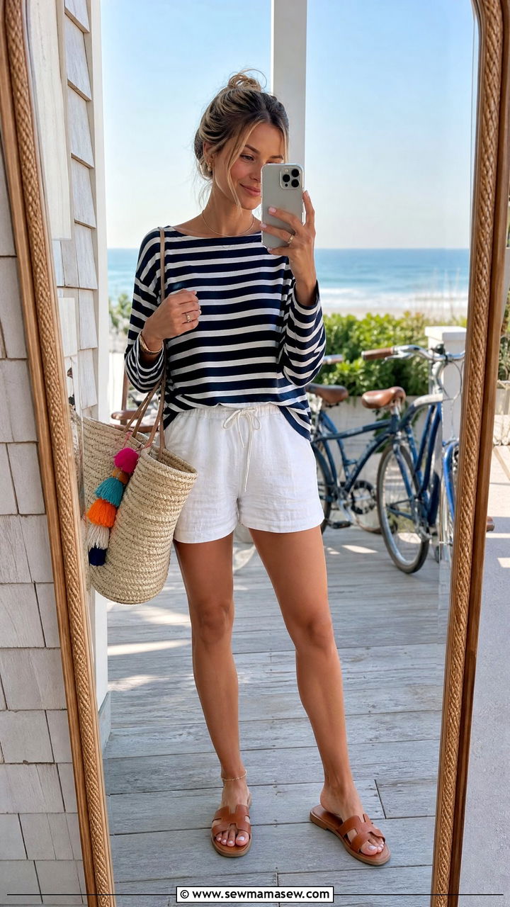 Breton Stripe Top With White Linen Shorts Outfit - 20 Coastal granddaughter outfit ideas summer
