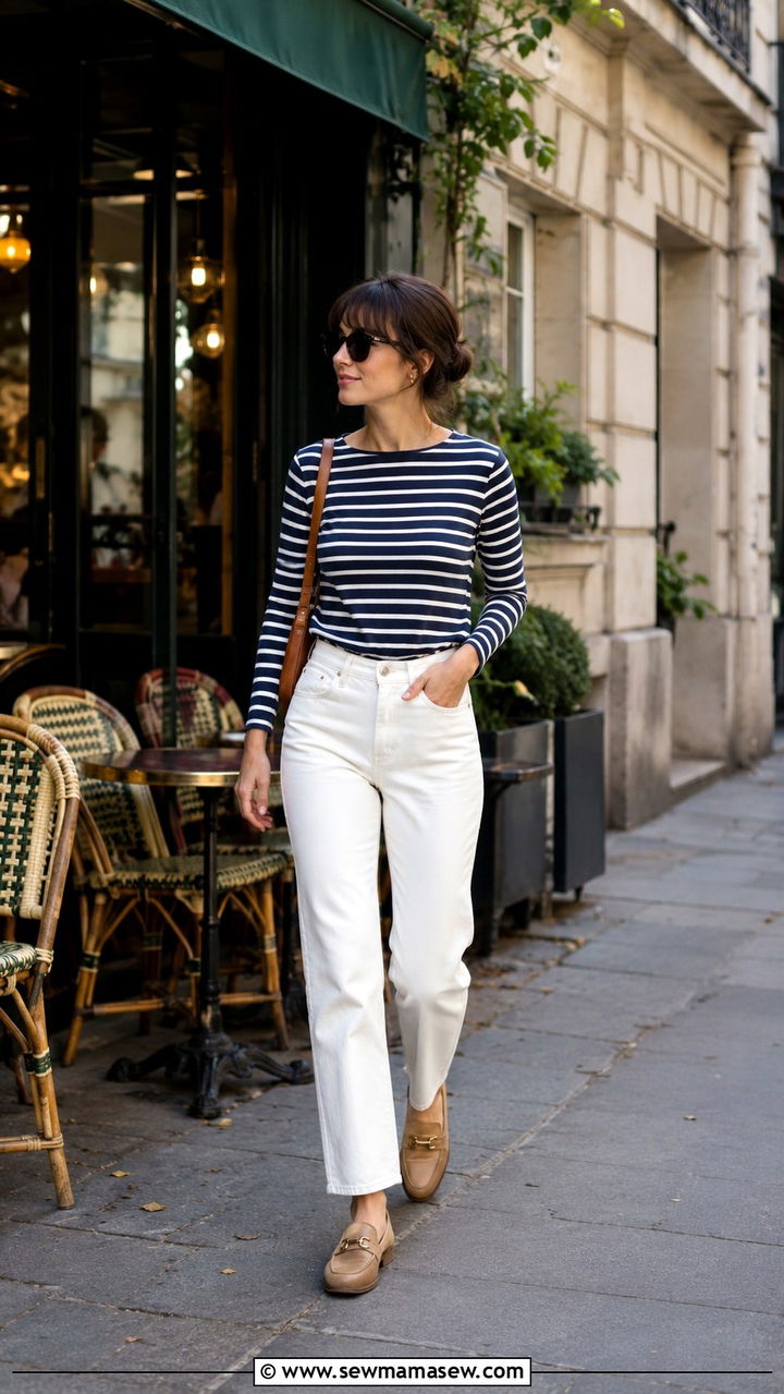 Breton Stripe Top With White Straight Leg Jeans - 30 Petite aesthetic outfit ideas