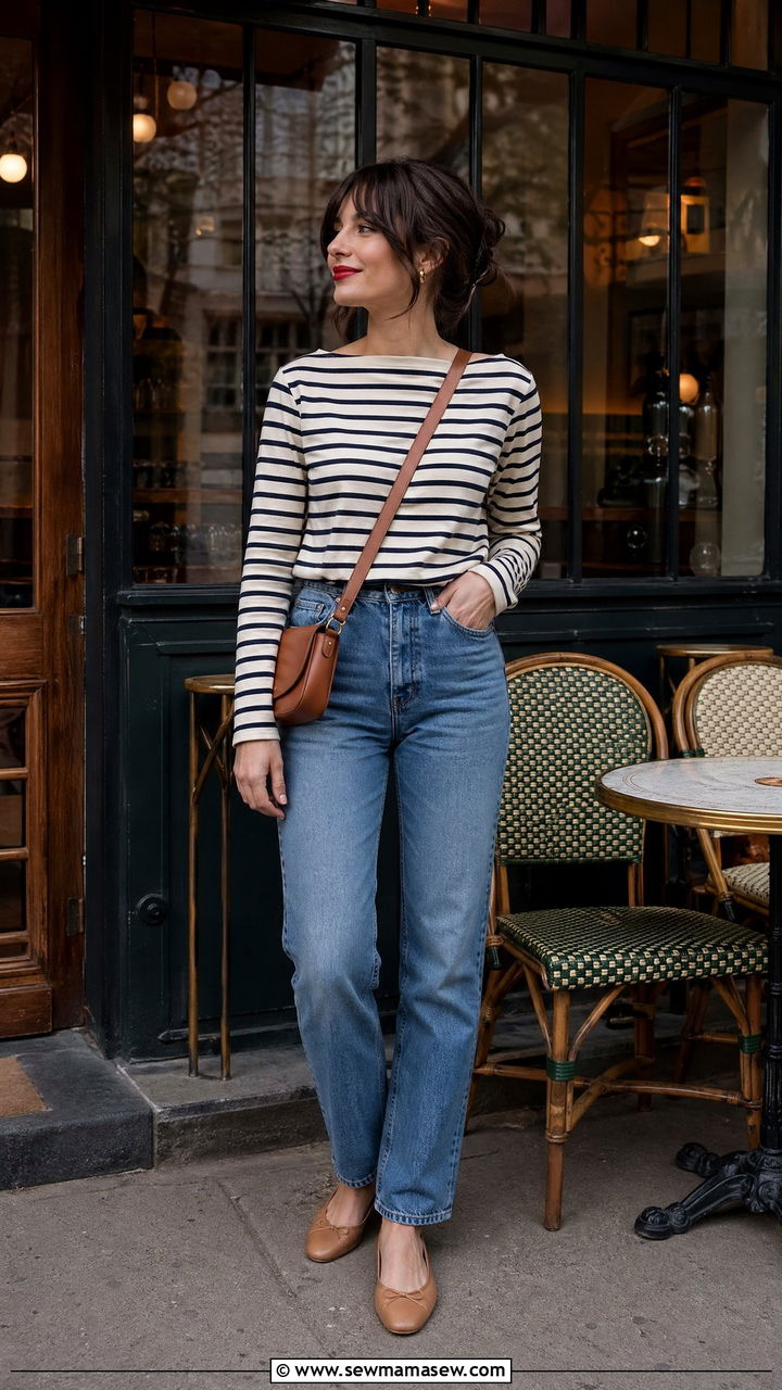 Breton Stripe Top and High Waisted Jeans - 35 European vacation outfit ideas