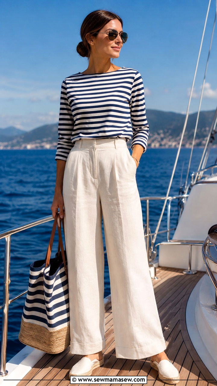 Breton Stripe Top and Wide Leg Linen Trousers Boat Outfit - 25 Boat day outfit ideas 2026