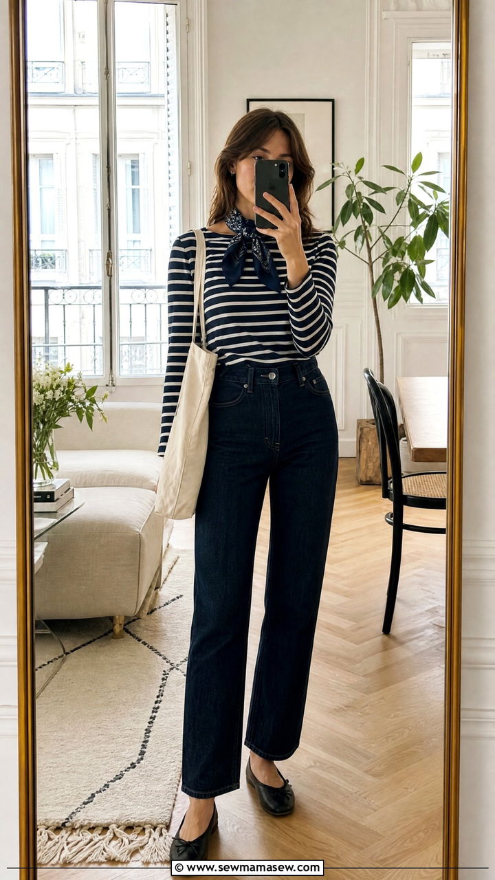 Breton Stripe Top with High Waisted Jeans and Ballet Flats - 25 Paris packing list outfits