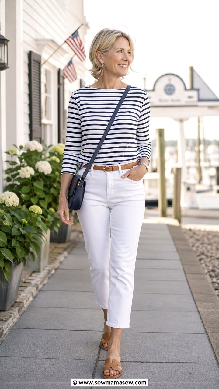 Breton Stripe Top with White Cropped Jeans and Tan Slides - 25 Weekend outfit ideas for women over 50