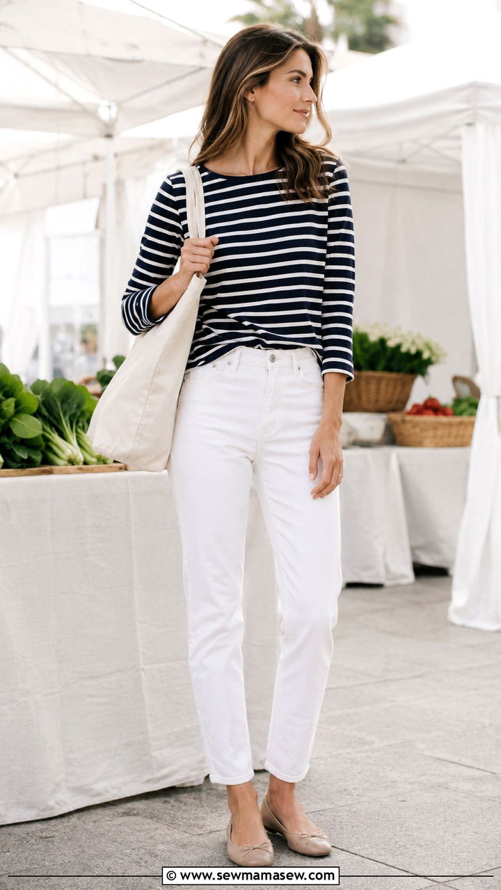 Breton Stripe Top with White Jeans and Ballet Flats - 25 Old money outfit ideas affordable