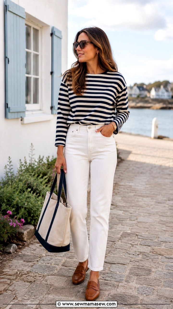 Breton Stripe Top with White Jeans and Loafers Outfit - 20 Spring outfits for 55 degree weather