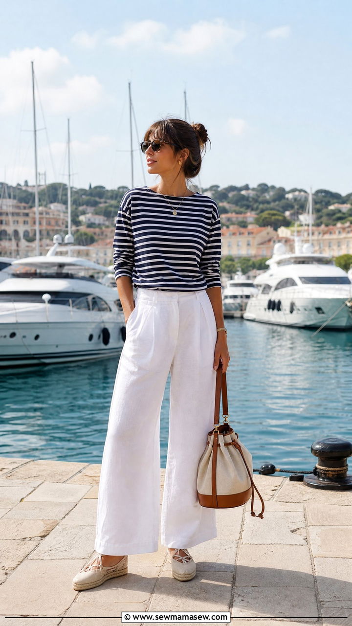 Breton Stripe Top with White Linen Trousers and Espadrilles - 30 French Riviera outfit ideas