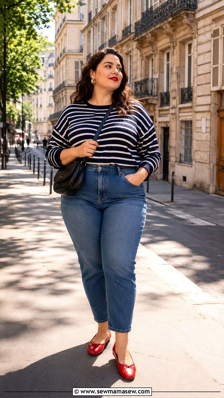 Breton Striped Knit with Cigarette Jeans and Red Ballet Flats - 25 Plus size outfit ideas Parisian