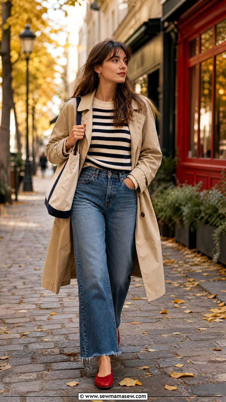 Breton Striped Sweater With Wide Leg Jeans Outfit - 30 French girl outfit ideas with jeans