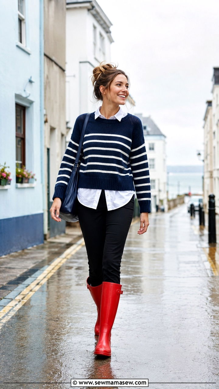 Breton Striped Sweater with Red Wellington Boots - 20 rainy day outfits 2026