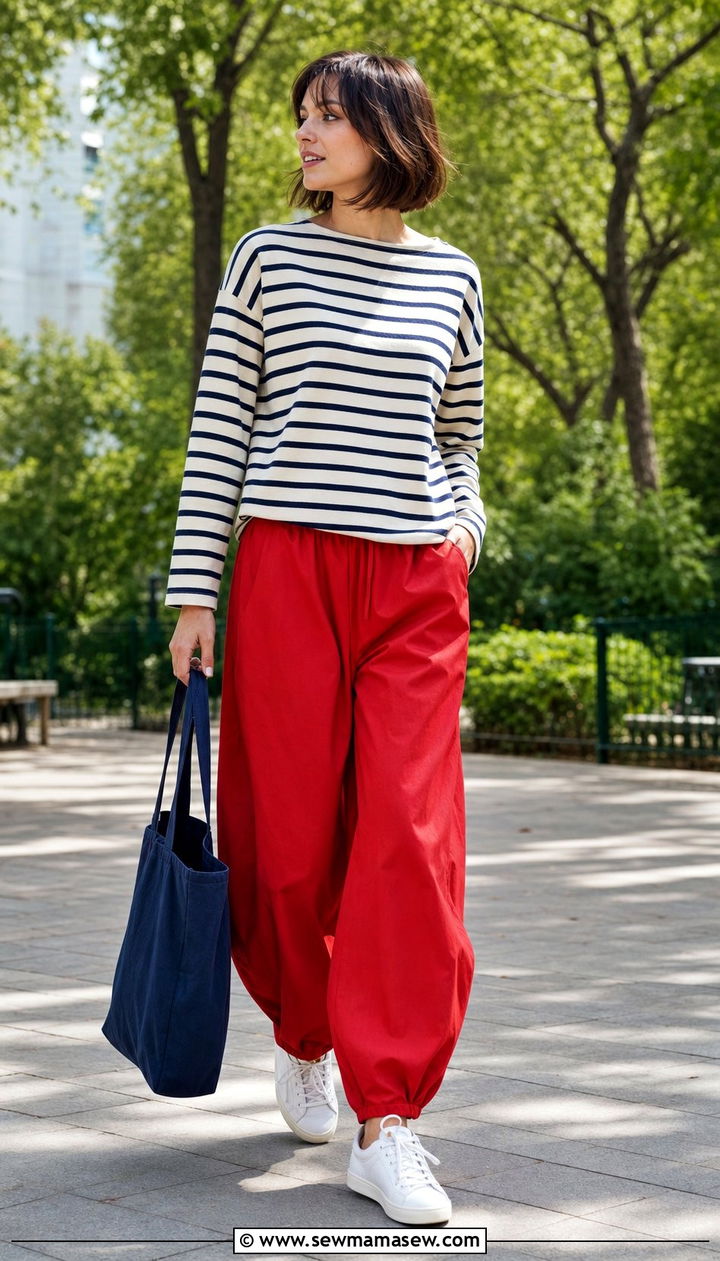 Breton Striped Tee With Red Balloon Pants Outfit - 35 balloon pants outfits ideas