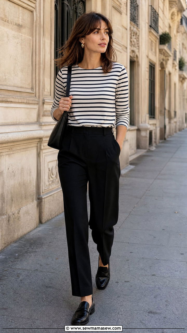 Breton Striped Tee and Tailored Trousers - 30 french girl capsule wardrobe outfits