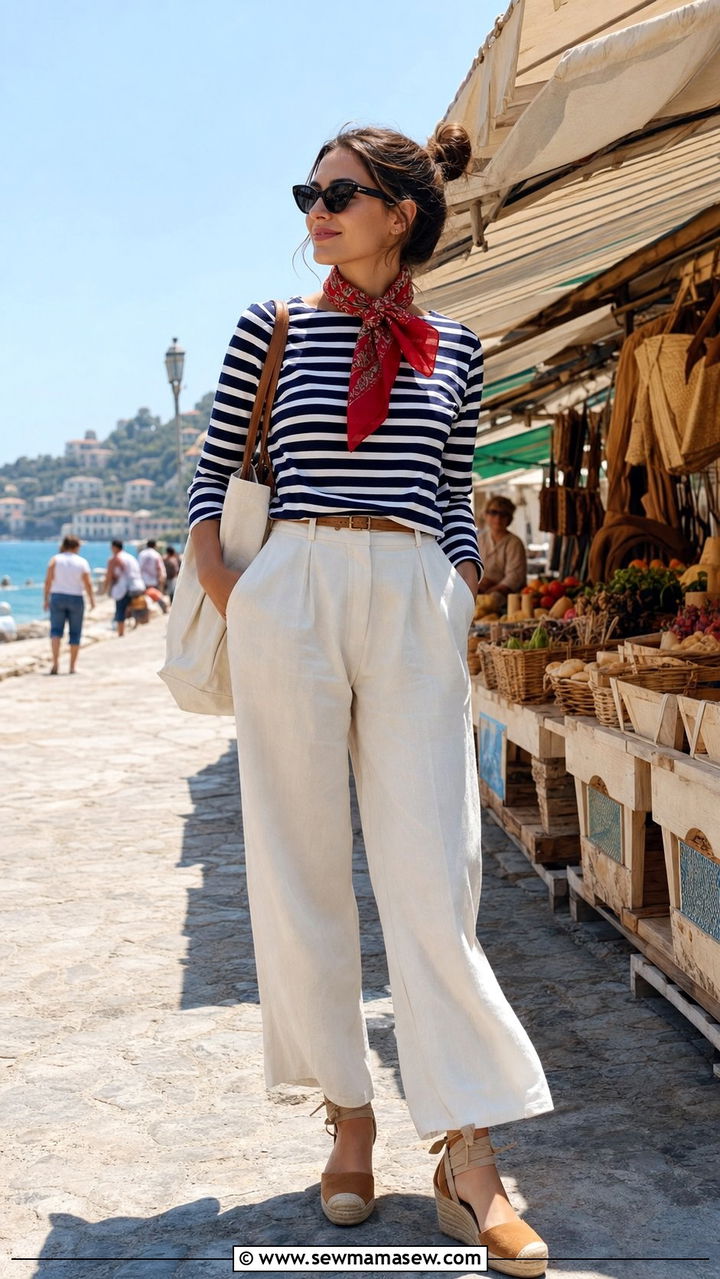 Breton Striped Tee with White Wide Leg Trousers and Espadrilles - 25 Summer capsule wardrobe Parisian