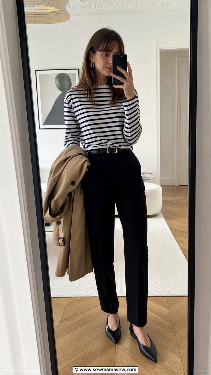Breton Striped Top And Tailored Trousers With Gold Hoops - 25 French girl outfit ideas with gold hoops