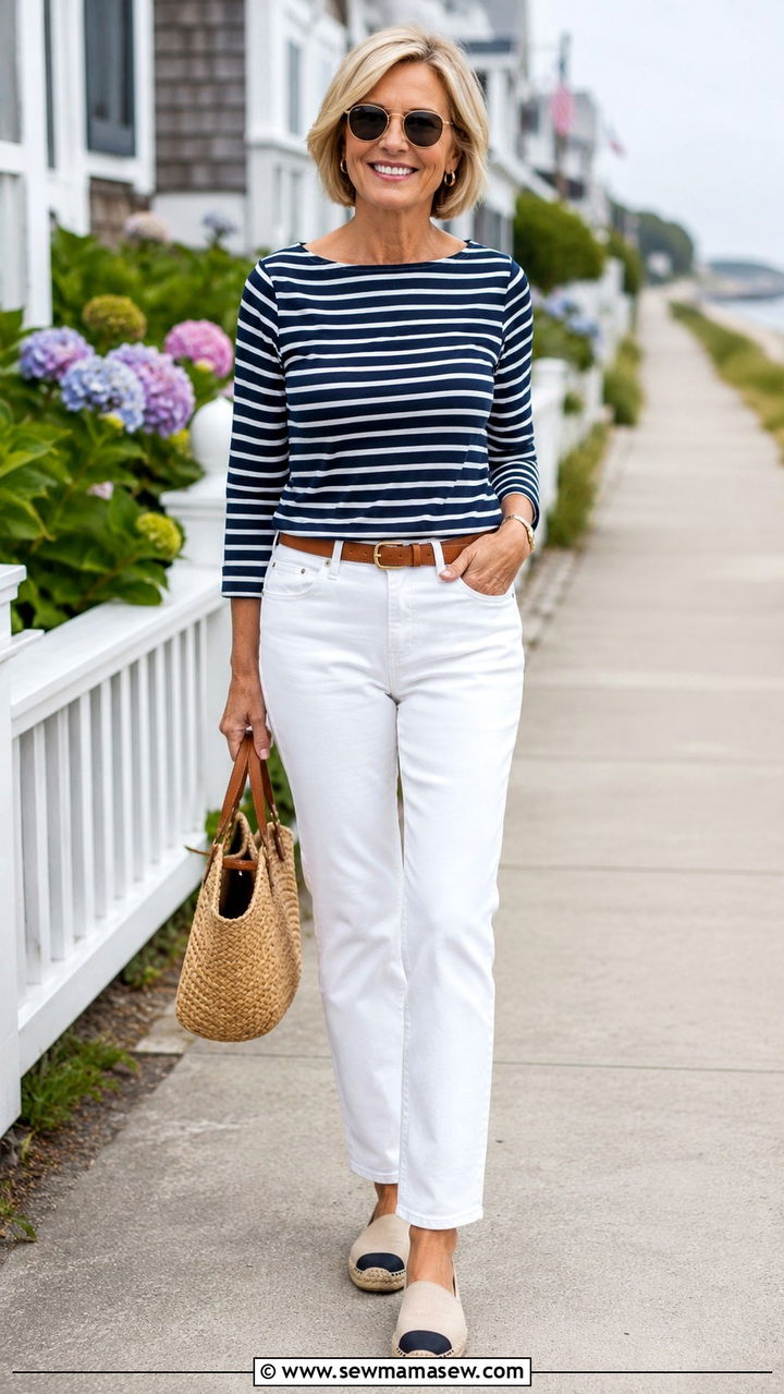 Breton Striped Top White Denim - 30 Outfit ideas for women over 50 errands