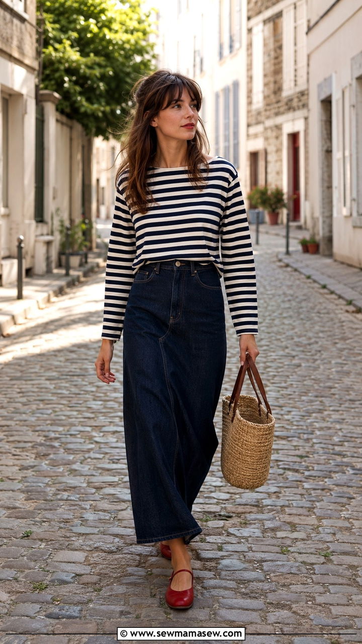 Breton Striped Top With A Denim Maxi Skirt Outfit - 30 how to style maxi skirt outfits