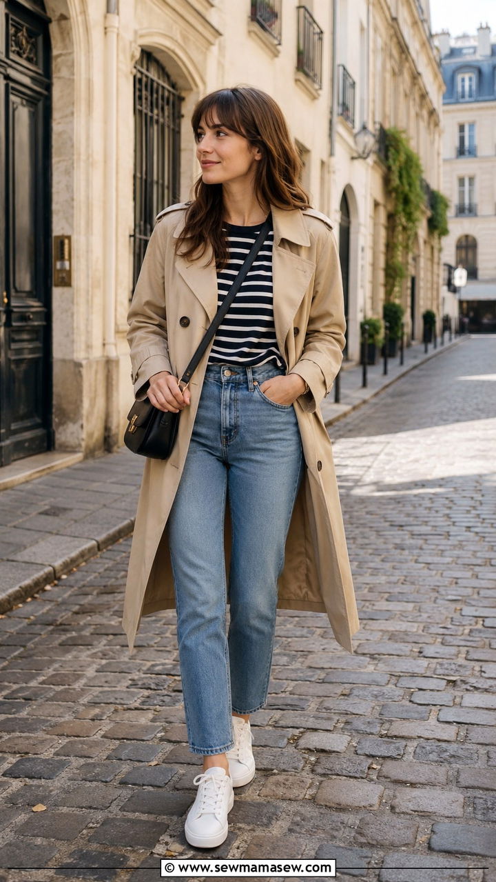 Breton Striped Top With Beige Trench Coat - 30 classy parisian outfit ideas