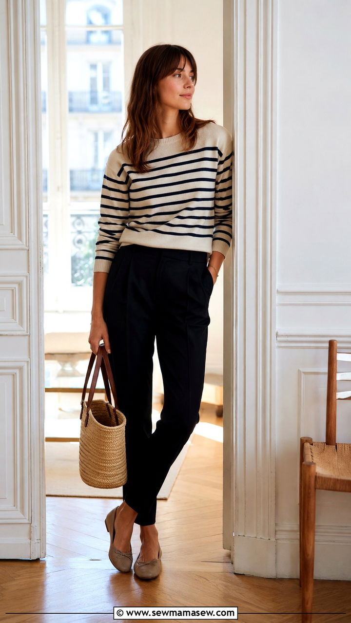 Breton Striped Top With Black Trousers - 30 cute Paris outfits