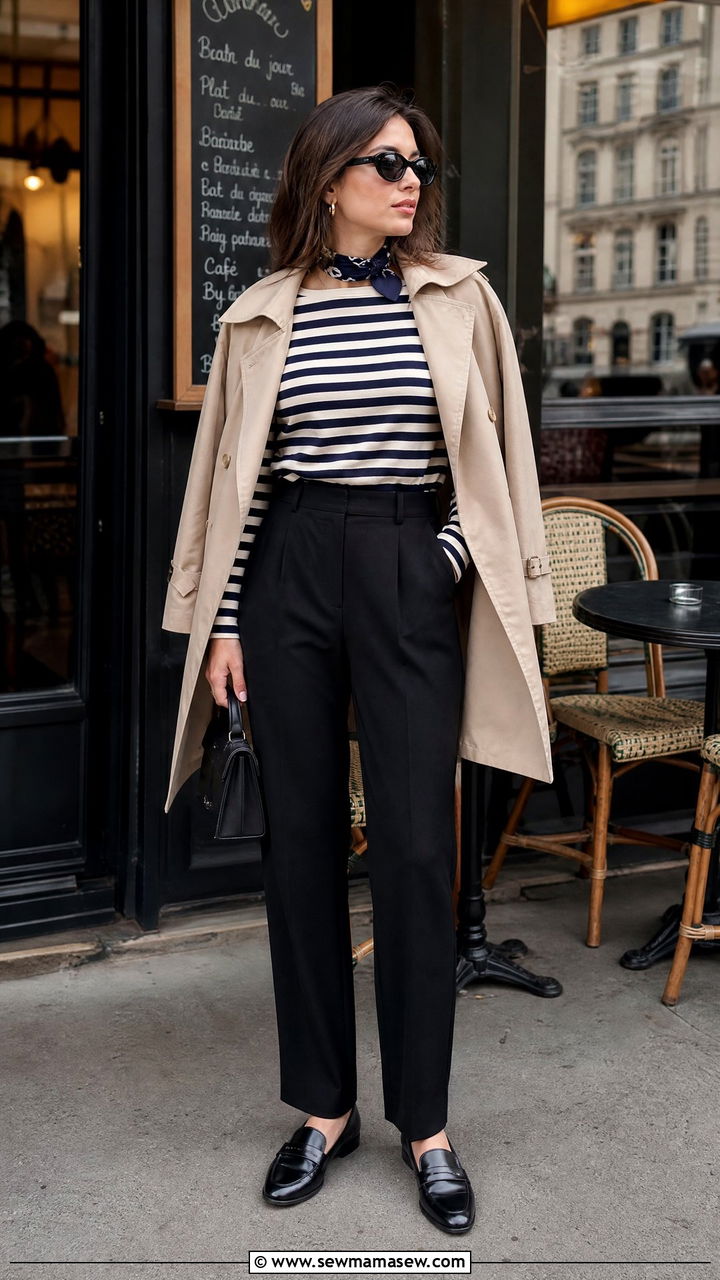 Breton Striped Top With High Waist Trousers And Leather Loafers - 30 French girl outfit ideas with loafers
