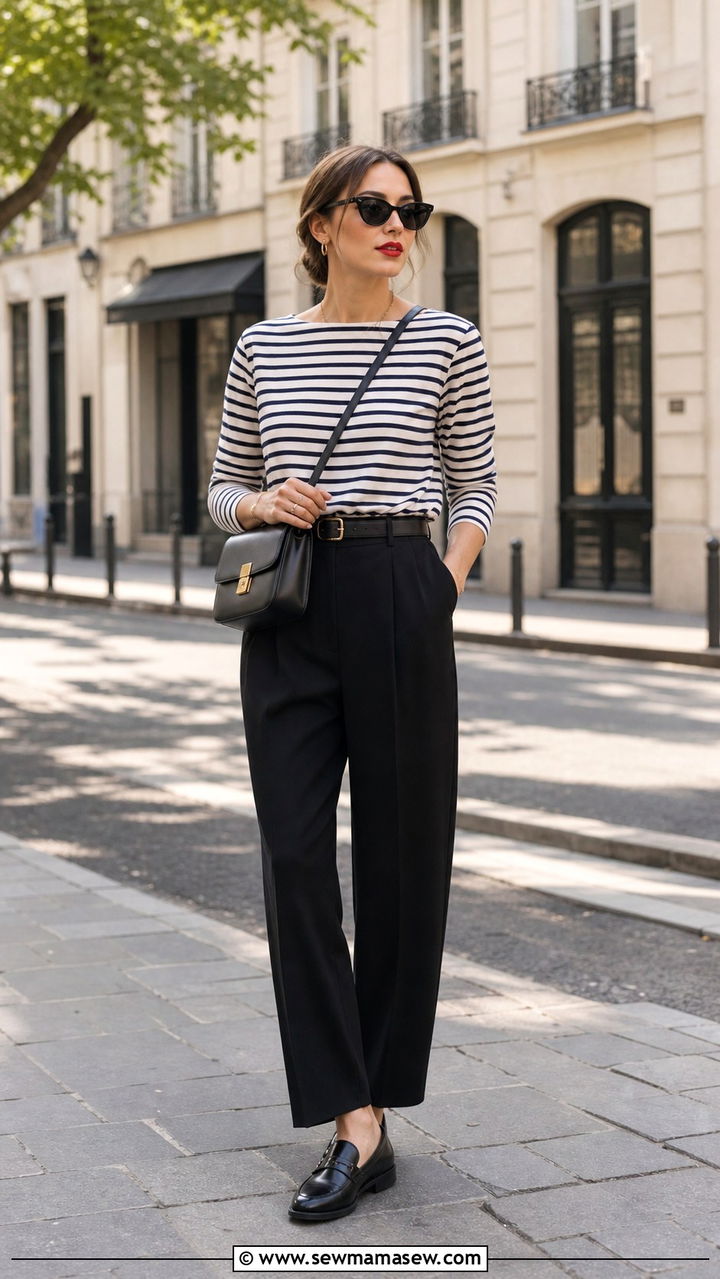 Breton Striped Top With High Waist Trousers - 40 French girl outfit ideas