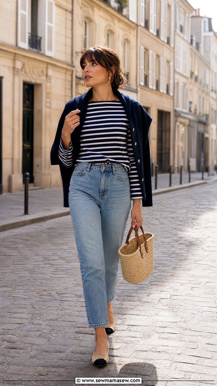 Breton Striped Top With Jeans Outfit - 30 French girl outfit ideas with jeans