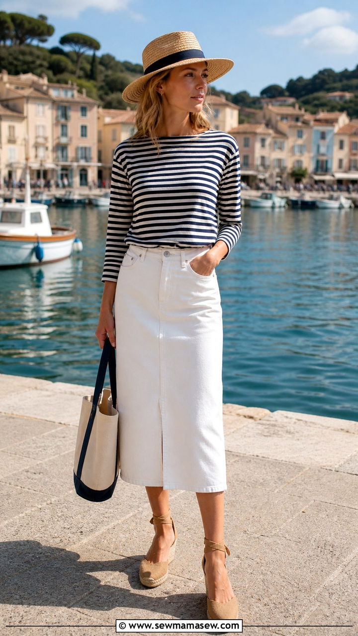 Breton Striped Top With White Denim Midi Skirt - 40 old money outfit ideas for women