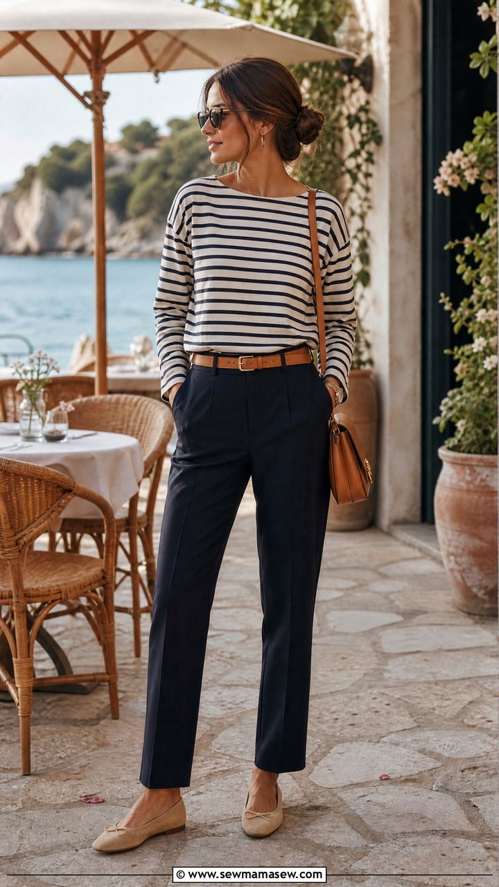 Breton Striped Top and Navy Trousers - 30 Brunch outfit ideas old money style