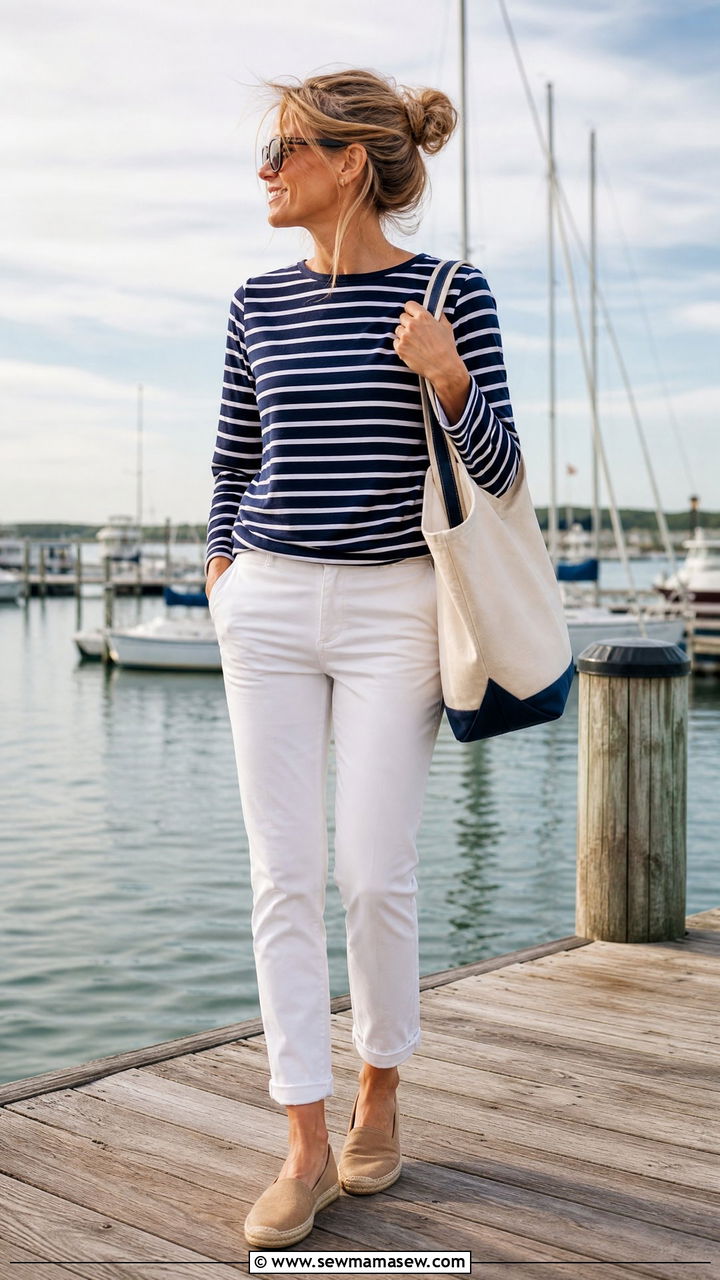Breton Striped Top and White Chinos Cape Cod - 25 Old money outfit ideas for Cape Cod