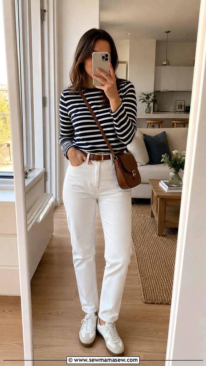 Breton Striped Top and White Jeans Outfit - 30 casual parisian outfits