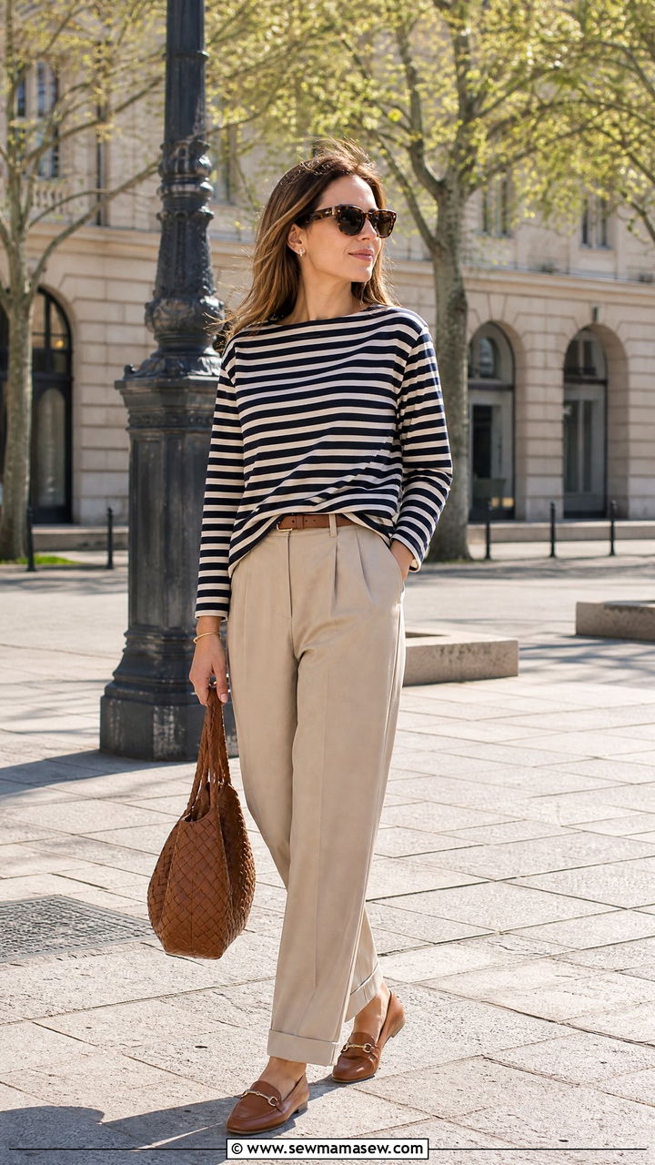 Breton Striped Top with Beige Trousers - 20 Spring outfits for 60 degree weather