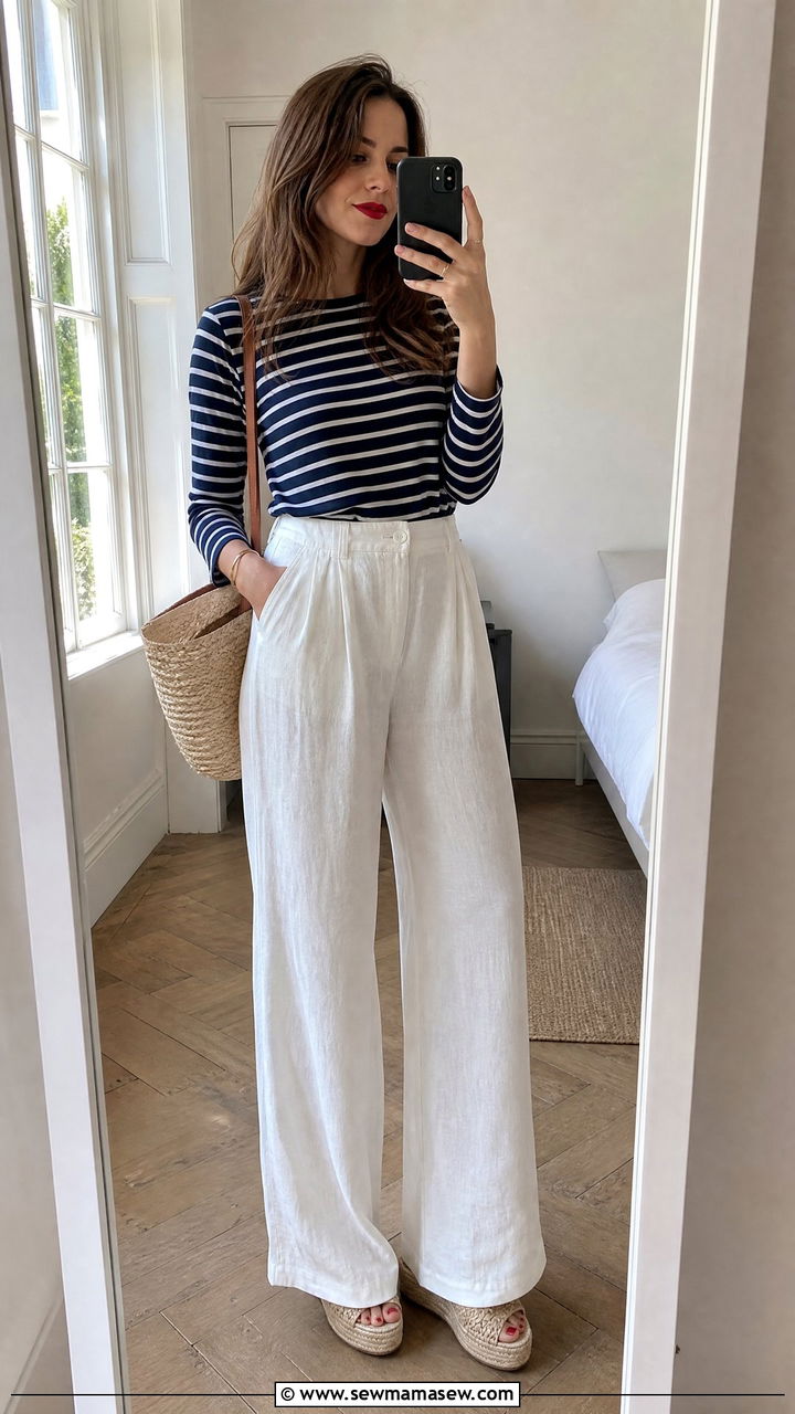 Breton Striped Top with High Waisted White Wide Leg Trousers - 25 classy European summer outfits