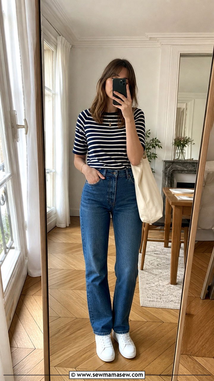 Breton Striped Top with Straight Leg Jeans - 40 summer french girl outfits