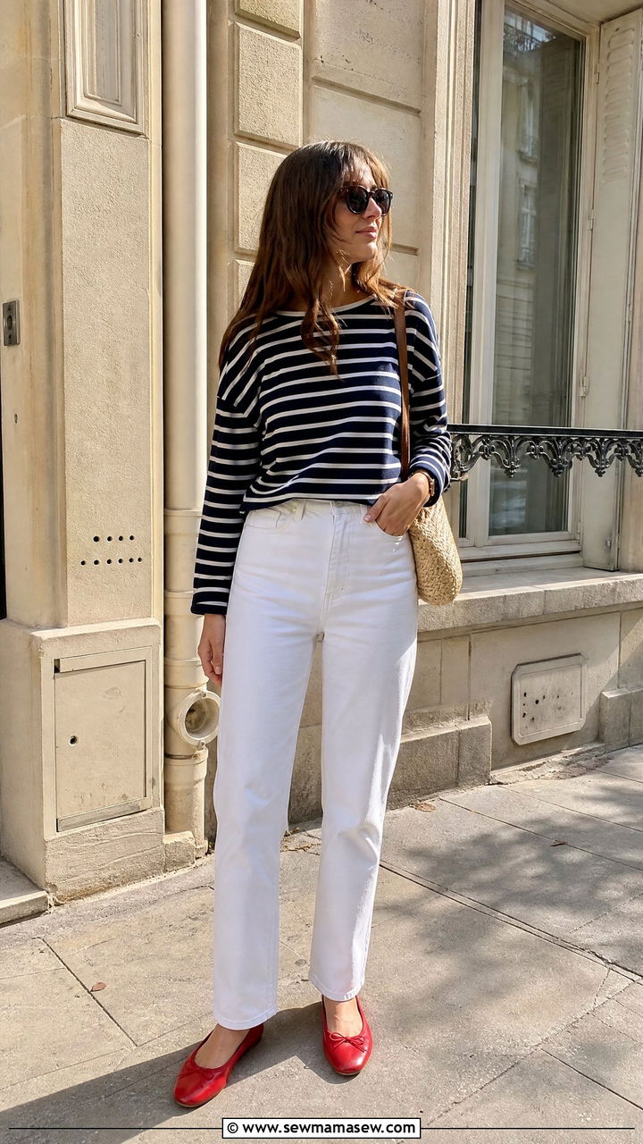 Breton Striped Top with White Straight Leg Jeans and Red Ballet Flats - 40 Parisian outfit ideas