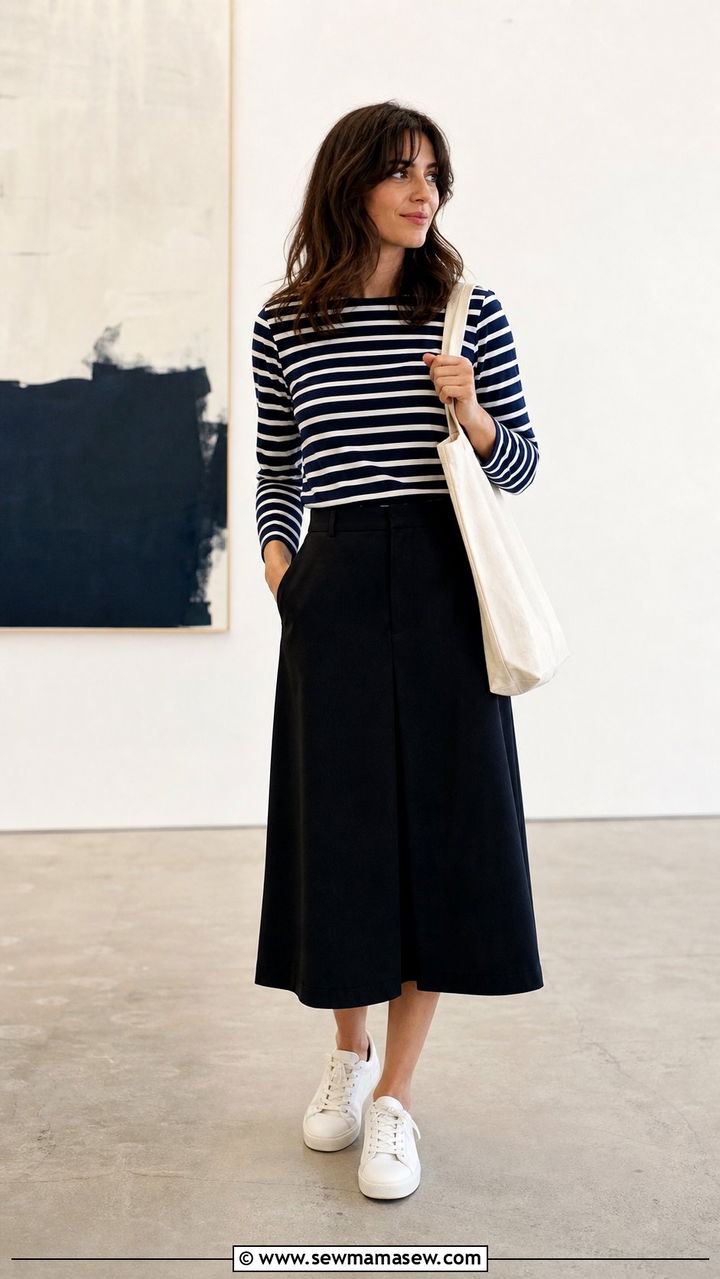 Breton Top And Midi Skirt With Sneakers - 25 Spring 10 piece capsule wardrobe