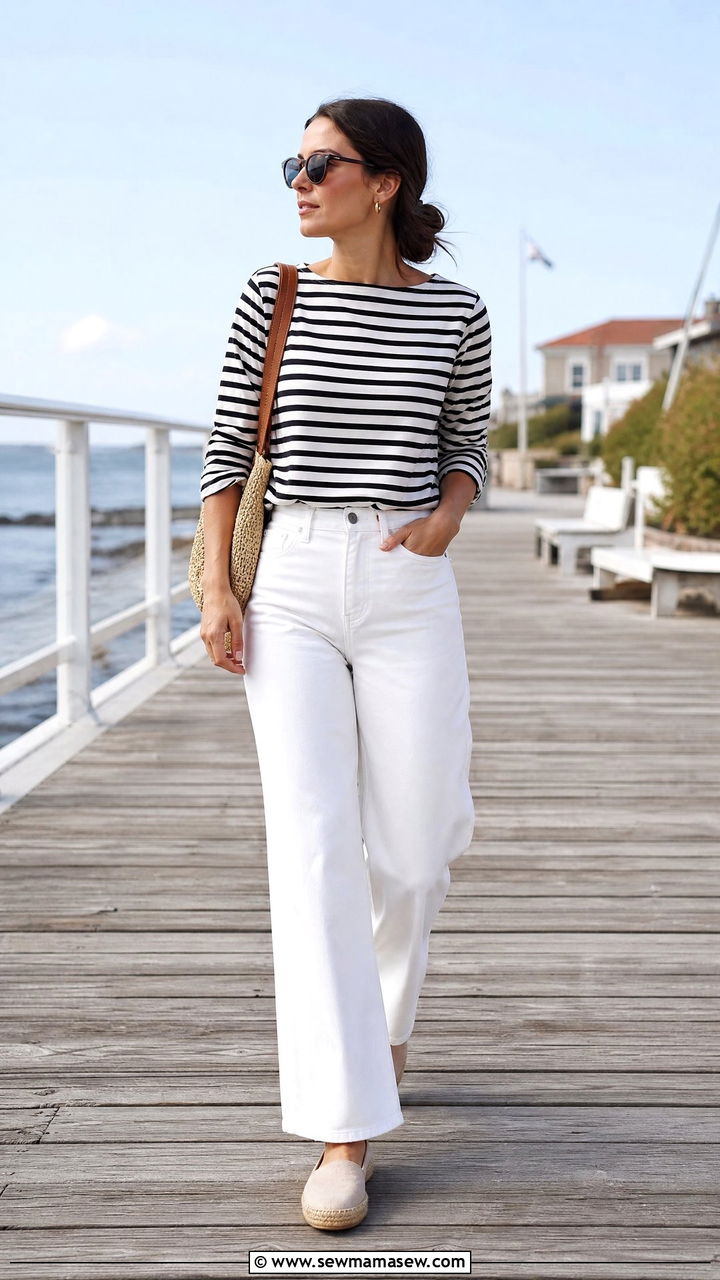 Breton Top And White Jeans - 35 Minimalist summer capsule wardrobe