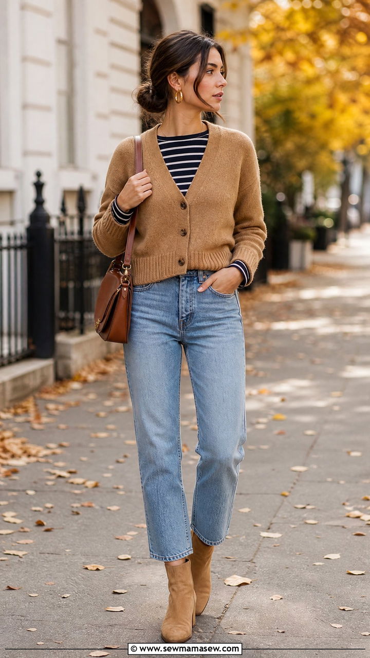 Breton Top Layered Under a Cardigan - 25 French girl outfit ideas with a Breton top