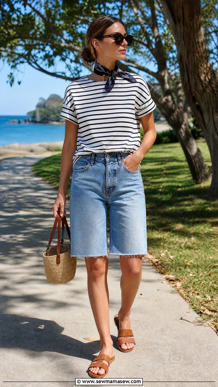Breton Top With Tailored Denim Shorts - 25 French girl outfit ideas with a Breton top
