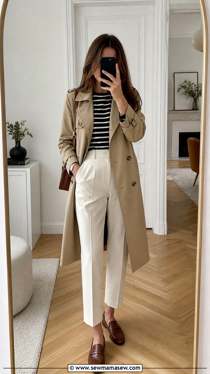 Breton Top With Trench Coat Outfit - 40 Old money outfit ideas