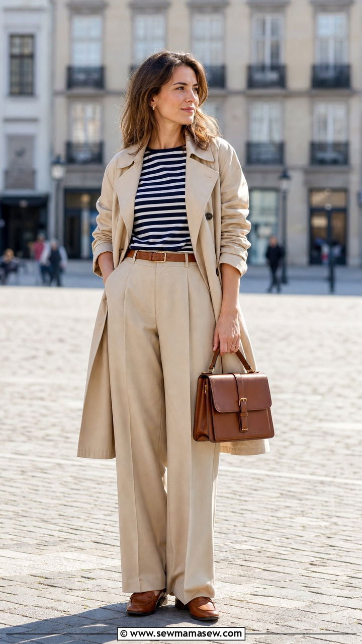 Breton Top With Trousers And Trench - 25 Spring 10 piece capsule wardrobe