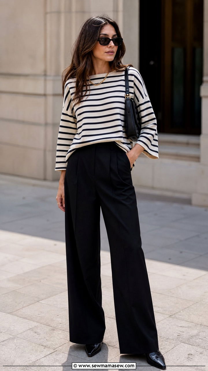 Breton Top With Wide Leg Trousers - 25 French girl outfit ideas with a Breton top