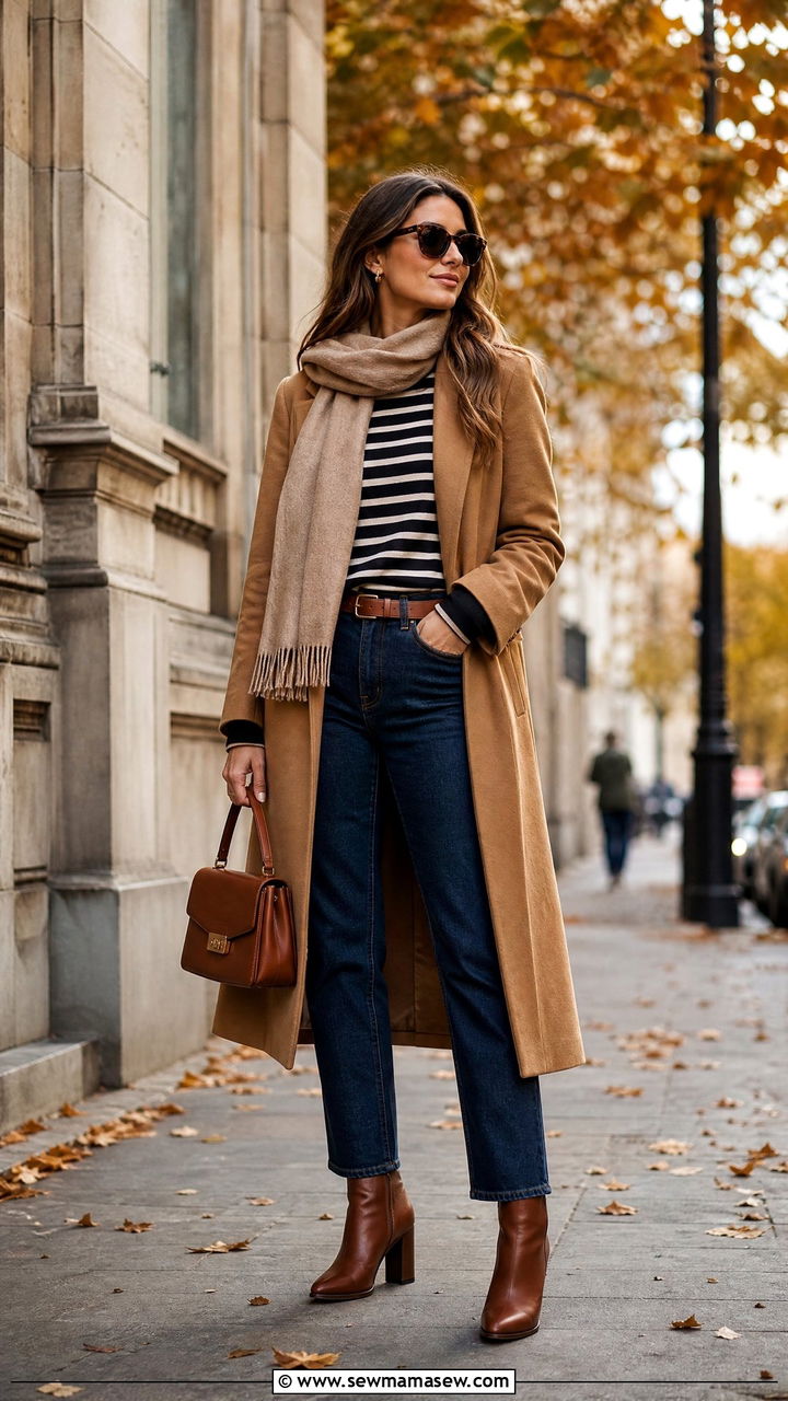 Breton Top With a Camel Coat - 25 French girl outfit ideas with a Breton top