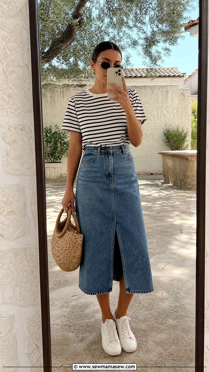 Breton Top With a Denim Midi Skirt - 25 French girl outfit ideas with a Breton top