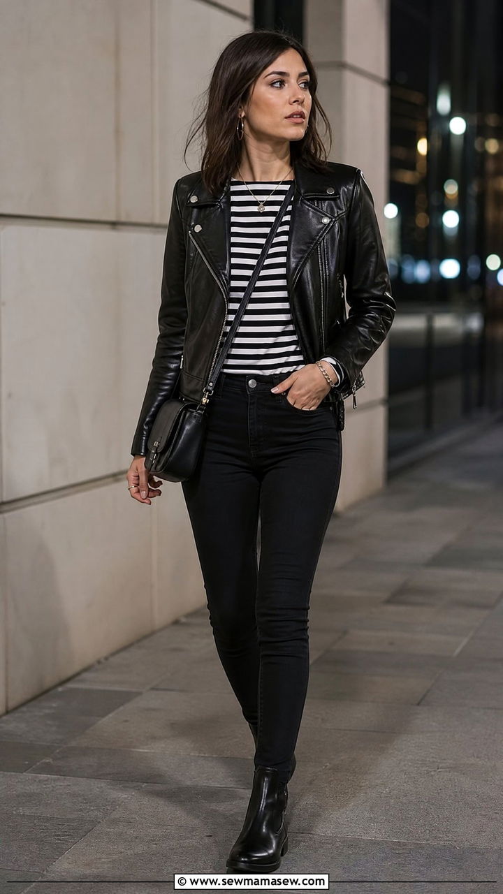 Breton Top With a Leather Jacket - 25 French girl outfit ideas with a Breton top