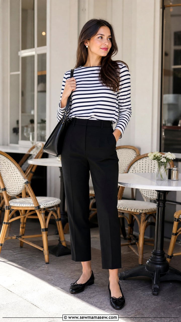 Breton Top With a Silk Scarf - 25 French girl outfit ideas with a Breton top