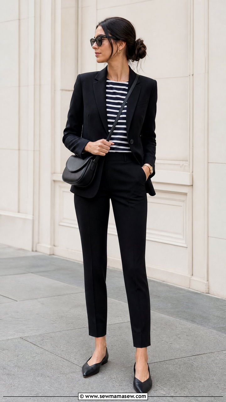 Breton Top With a Tailored Blazer - 25 French girl outfit ideas with a Breton top